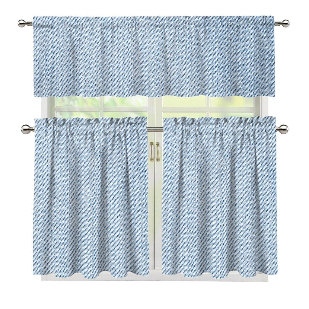Light Blue Denim Jeans Print 3 Piece Kitchen Curtains
