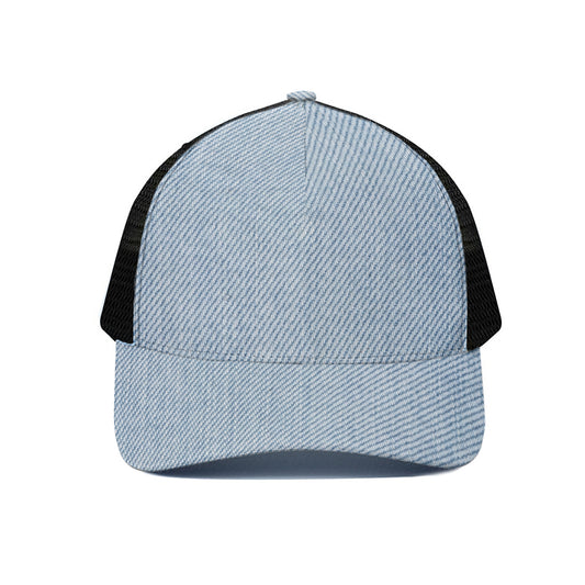 Light Blue Denim Jeans Print Black Mesh Trucker Cap