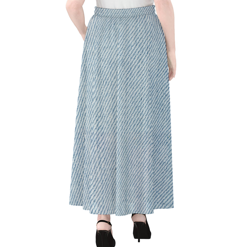 Light Blue Denim Jeans Print Chiffon Maxi Skirt