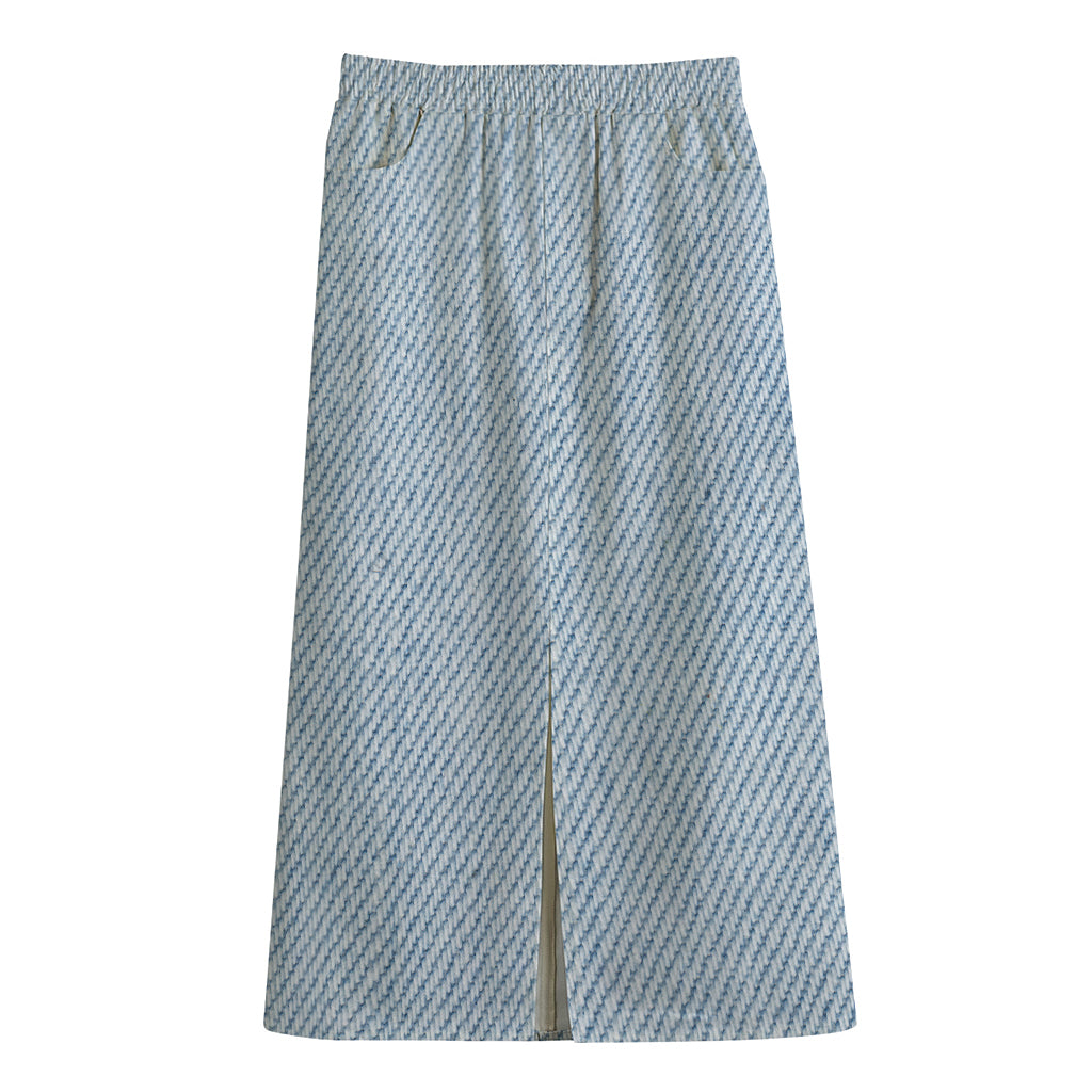 Light Blue Denim Jeans Print Cotton Front Slit Maxi Skirt