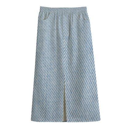 Light Blue Denim Jeans Print Cotton Front Slit Maxi Skirt