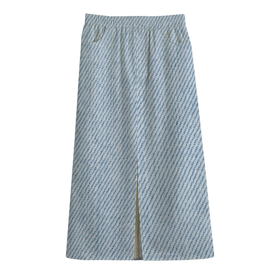 Light Blue Denim Jeans Print Cotton Front Slit Maxi Skirt