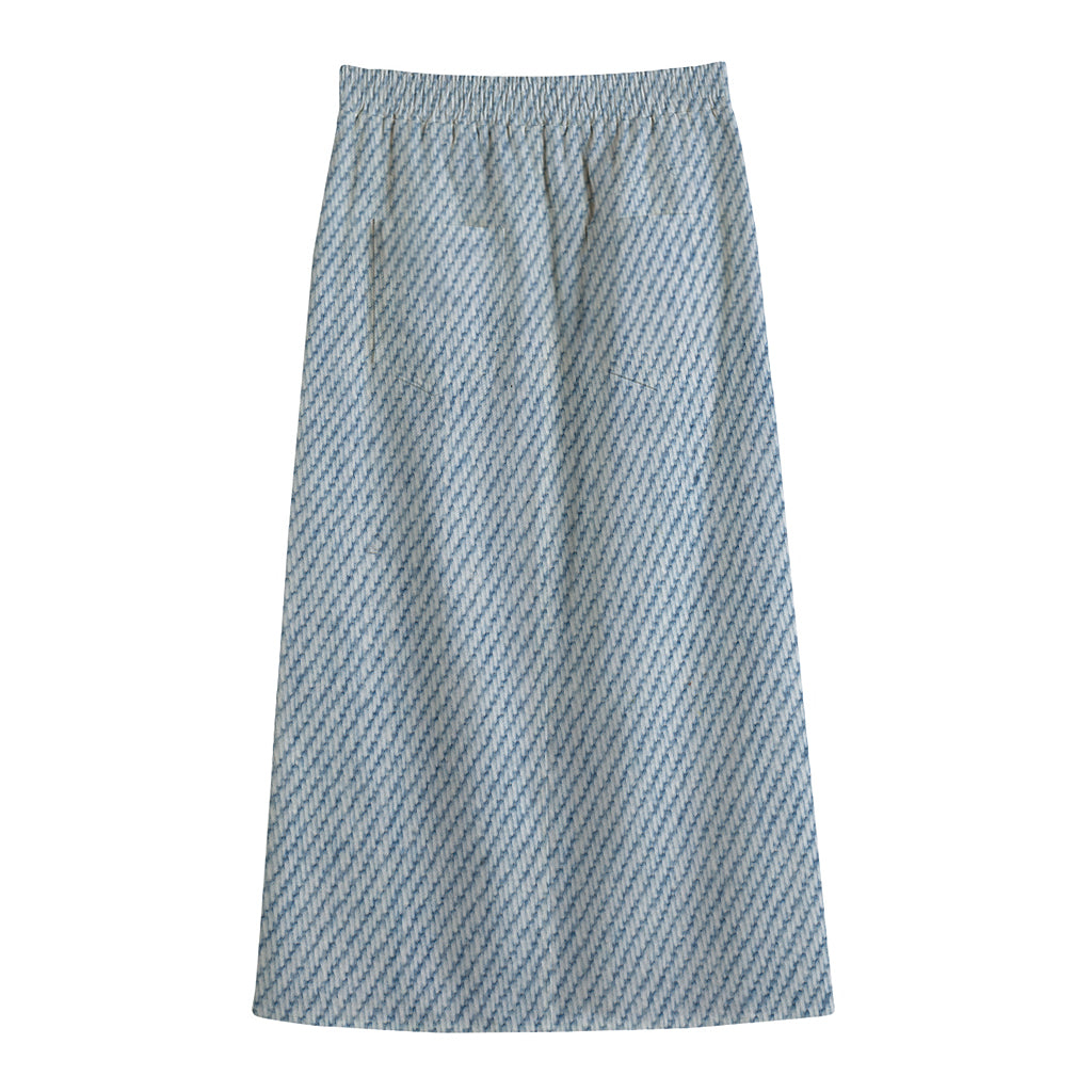 Light Blue Denim Jeans Print Cotton Front Slit Maxi Skirt