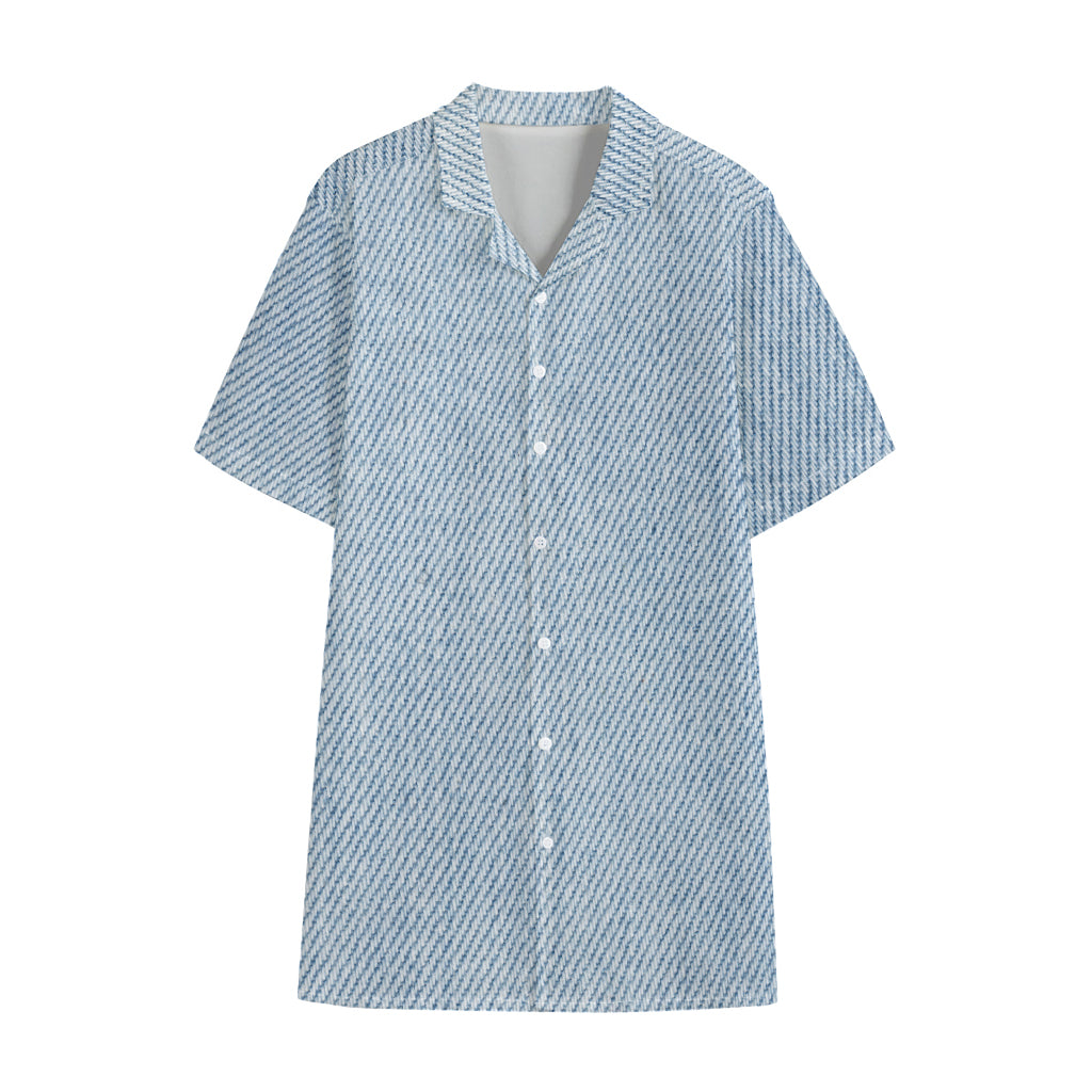 Light Blue Denim Jeans Print Cotton Hawaiian Shirt