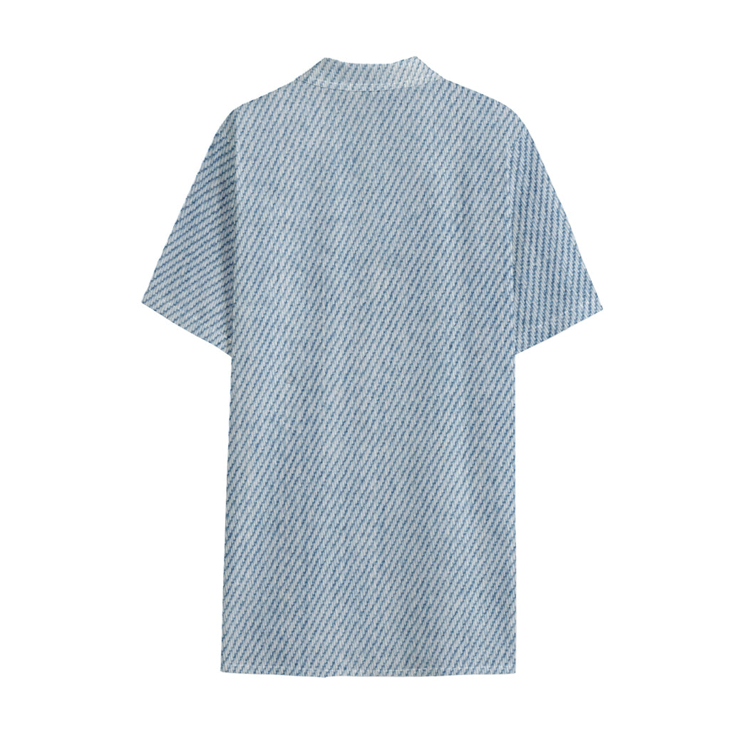Light Blue Denim Jeans Print Cotton Hawaiian Shirt