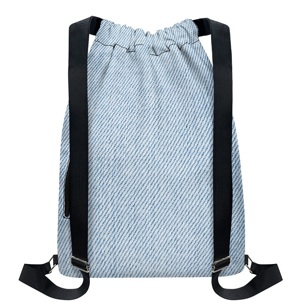 Light Blue Denim Jeans Print Drawstring Backpack