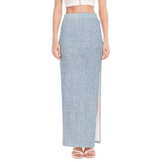 Light Blue Denim Jeans Print High Slit Maxi Skirt
