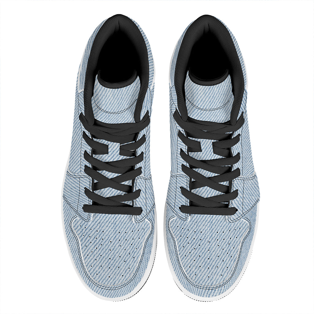 Light Blue Denim Jeans Print High Top Leather Sneakers
