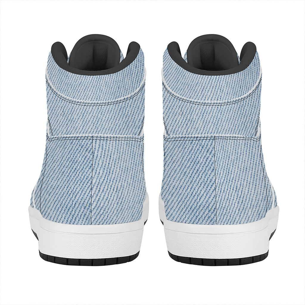 Light Blue Denim Jeans Print High Top Leather Sneakers
