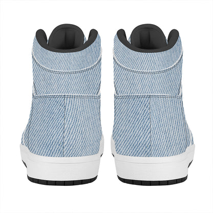 Light Blue Denim Jeans Print High Top Leather Sneakers