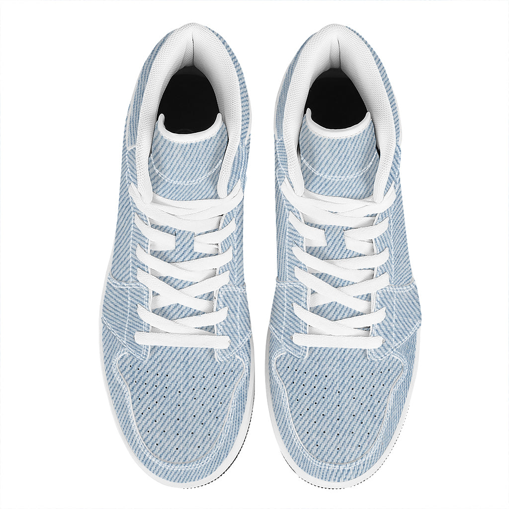 Light Blue Denim Jeans Print High Top Leather Sneakers