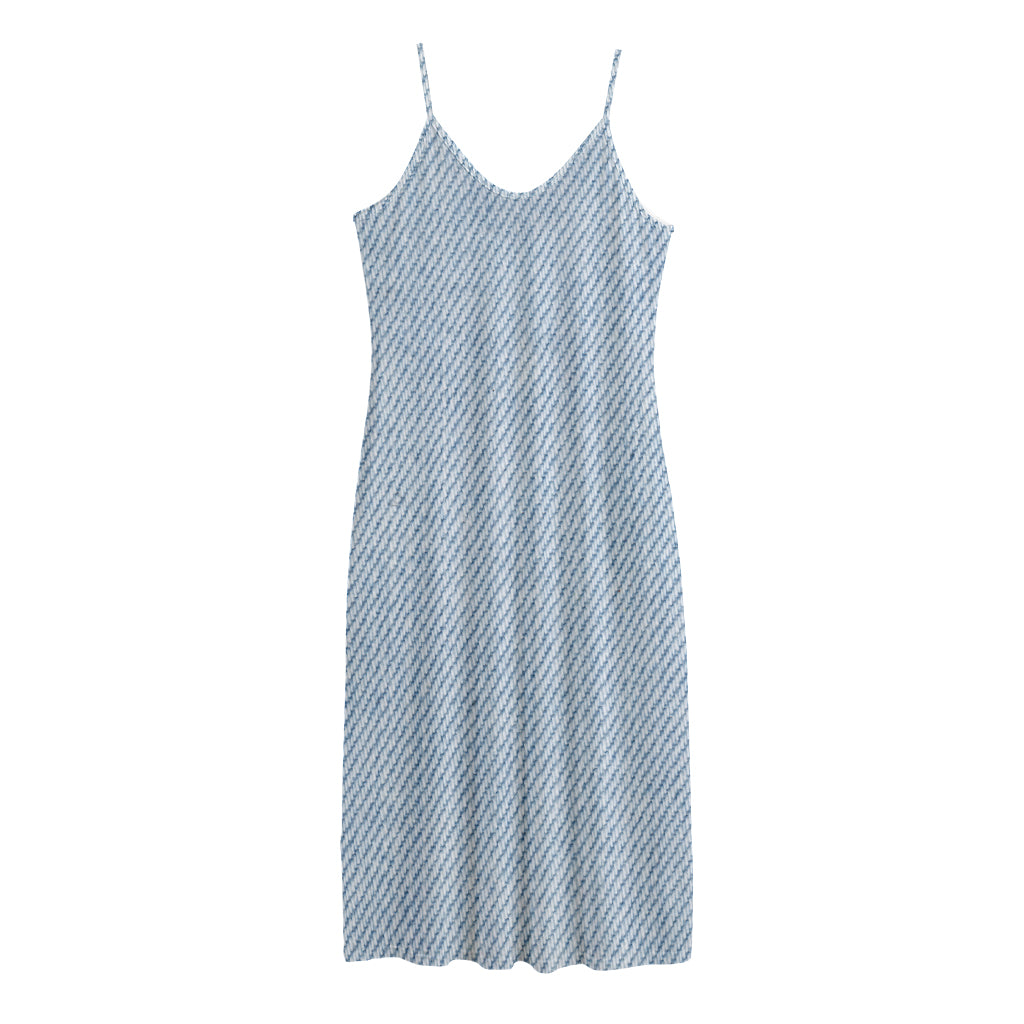Light Blue Denim Jeans Print Jersey Midi Cami Dress