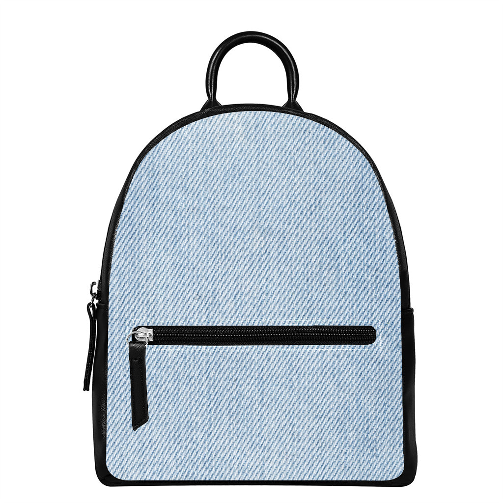 Light Blue Denim Jeans Print Leather Backpack