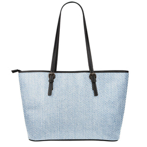 Light Blue Denim Jeans Print Leather Tote Bag