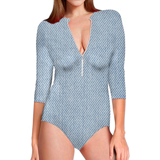 Light Blue Denim Jeans Print Long Sleeve Swimsuit