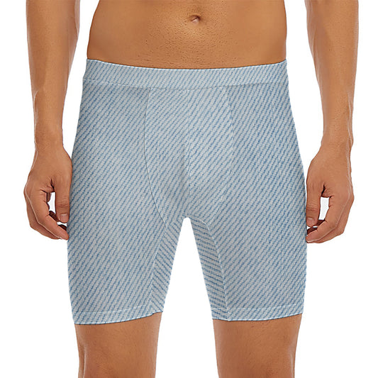 Light Blue Denim Jeans Print Men's Long Boxer Briefs