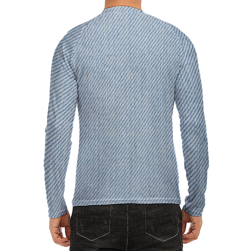 Light Blue Denim Jeans Print Men's Long Sleeve Rash Guard