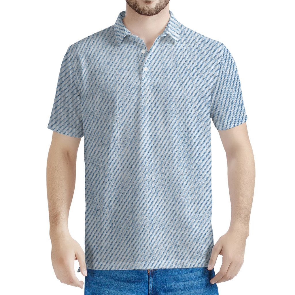Light Blue Denim Jeans Print Men's Polo Shirt