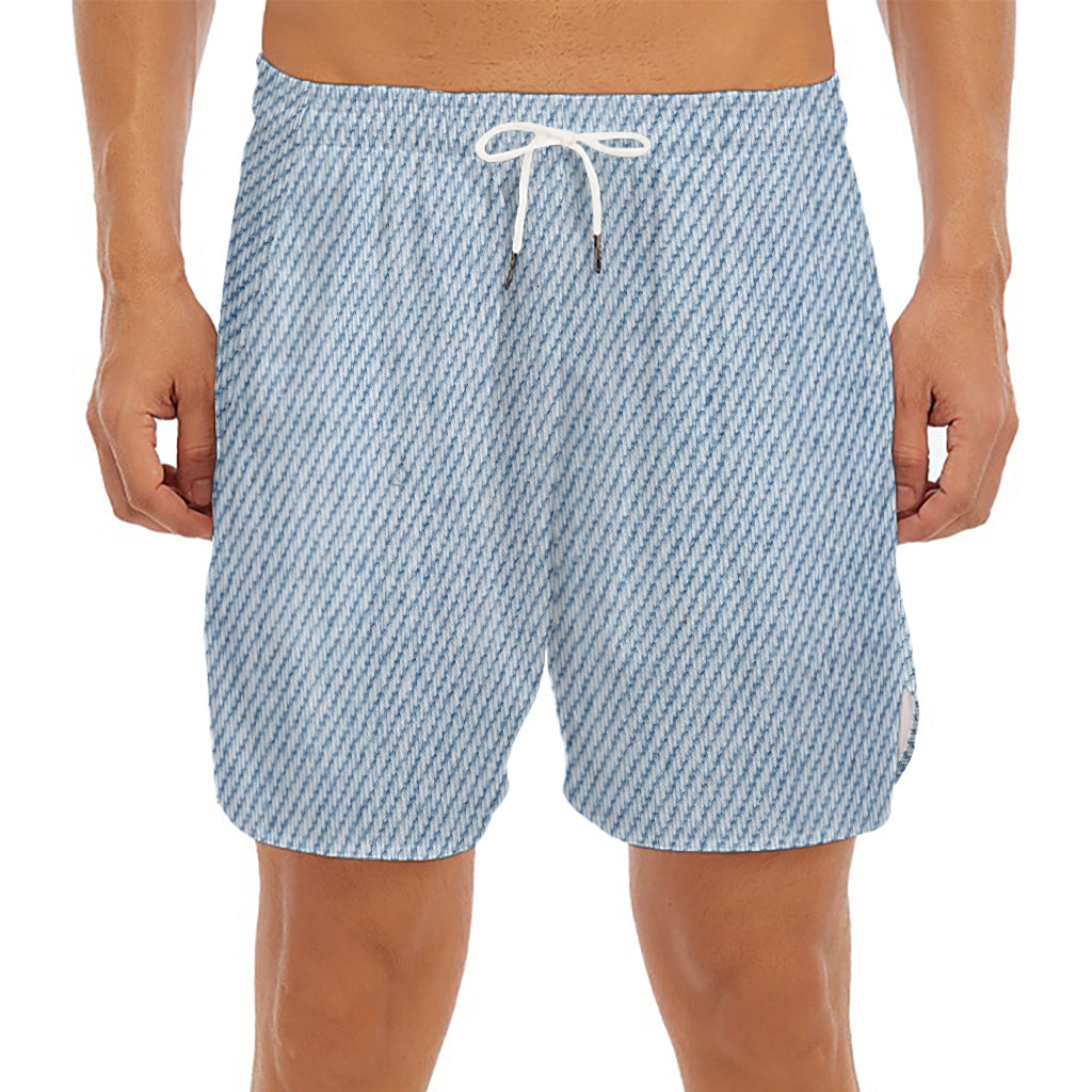 Light Blue Denim Jeans Print Men's Split Running Shorts