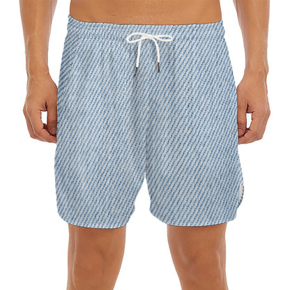 Light Blue Denim Jeans Print Men's Split Running Shorts