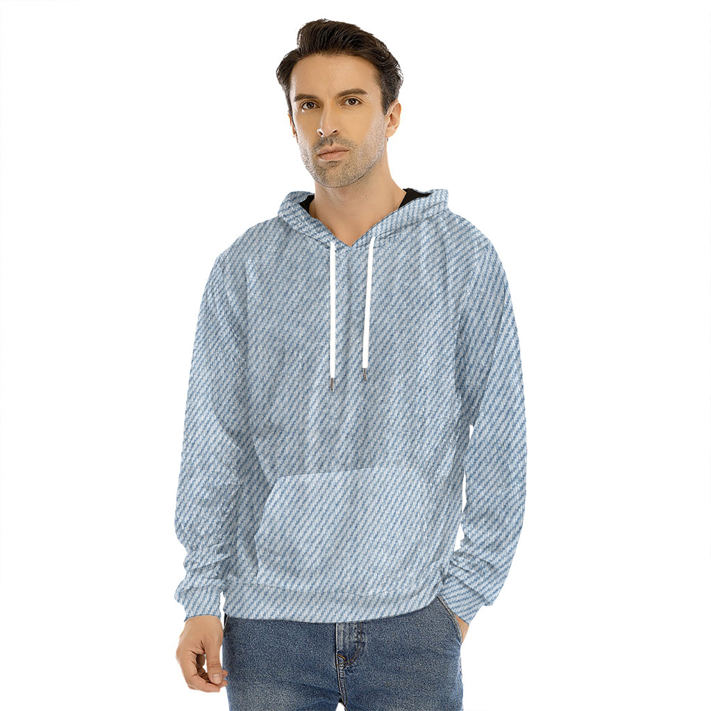 Light Blue Denim Jeans Print Men's Velvet Pullover Hoodie