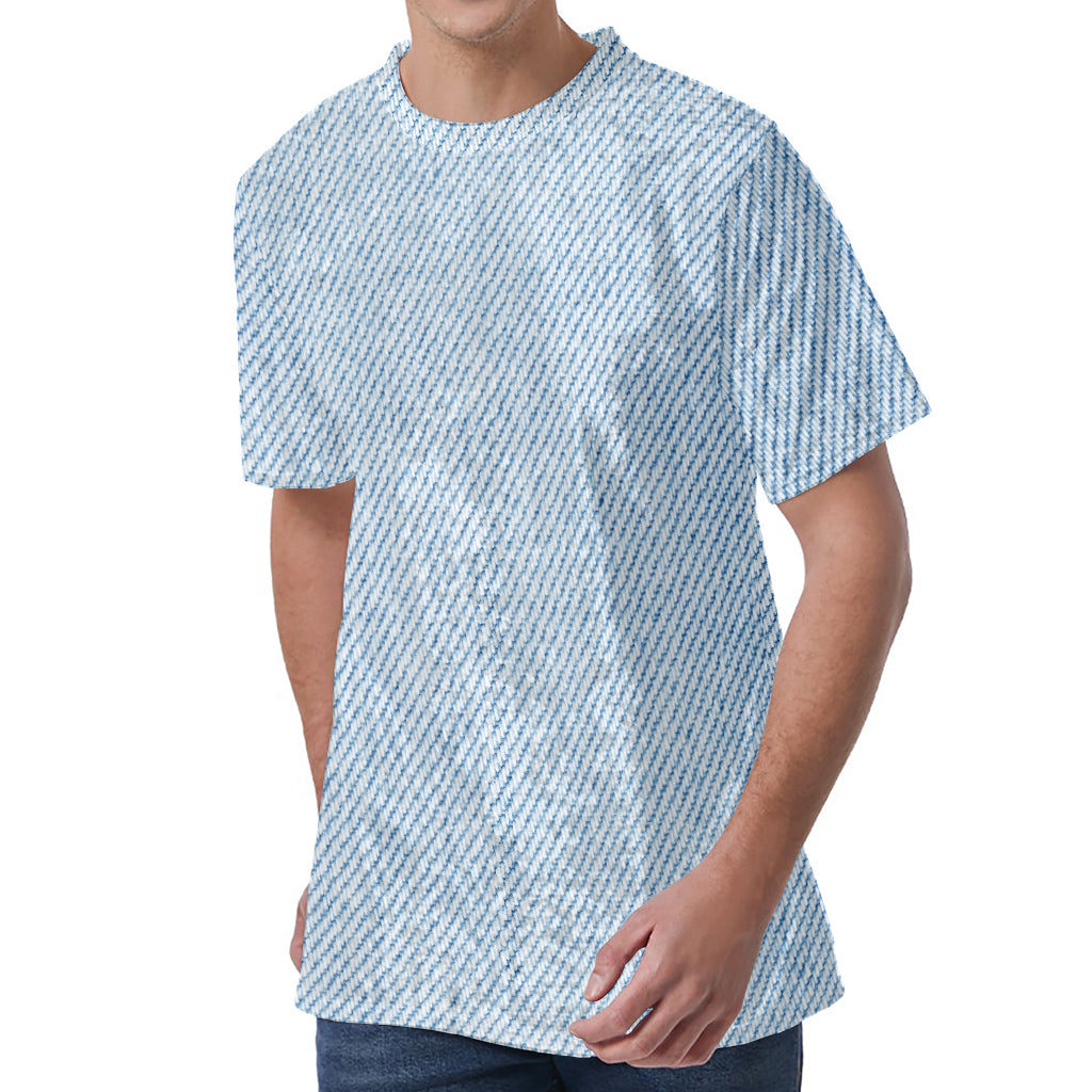 Light Blue Denim Jeans Print Men's Velvet T-Shirt