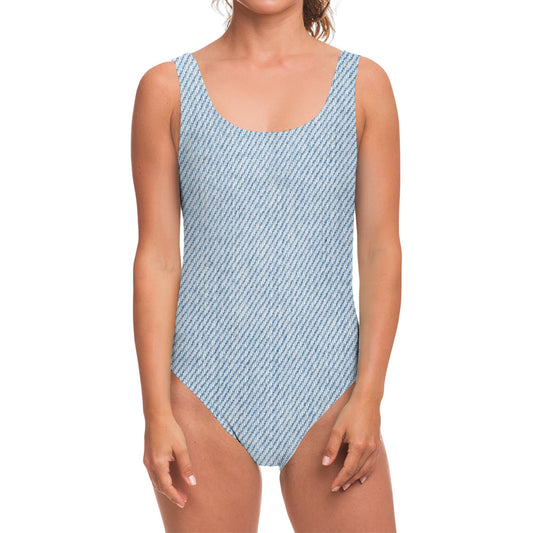 Light Blue Denim Jeans Print One Piece Swimsuit