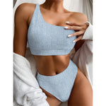 Light Blue Denim Jeans Print One Shoulder Bikini Top