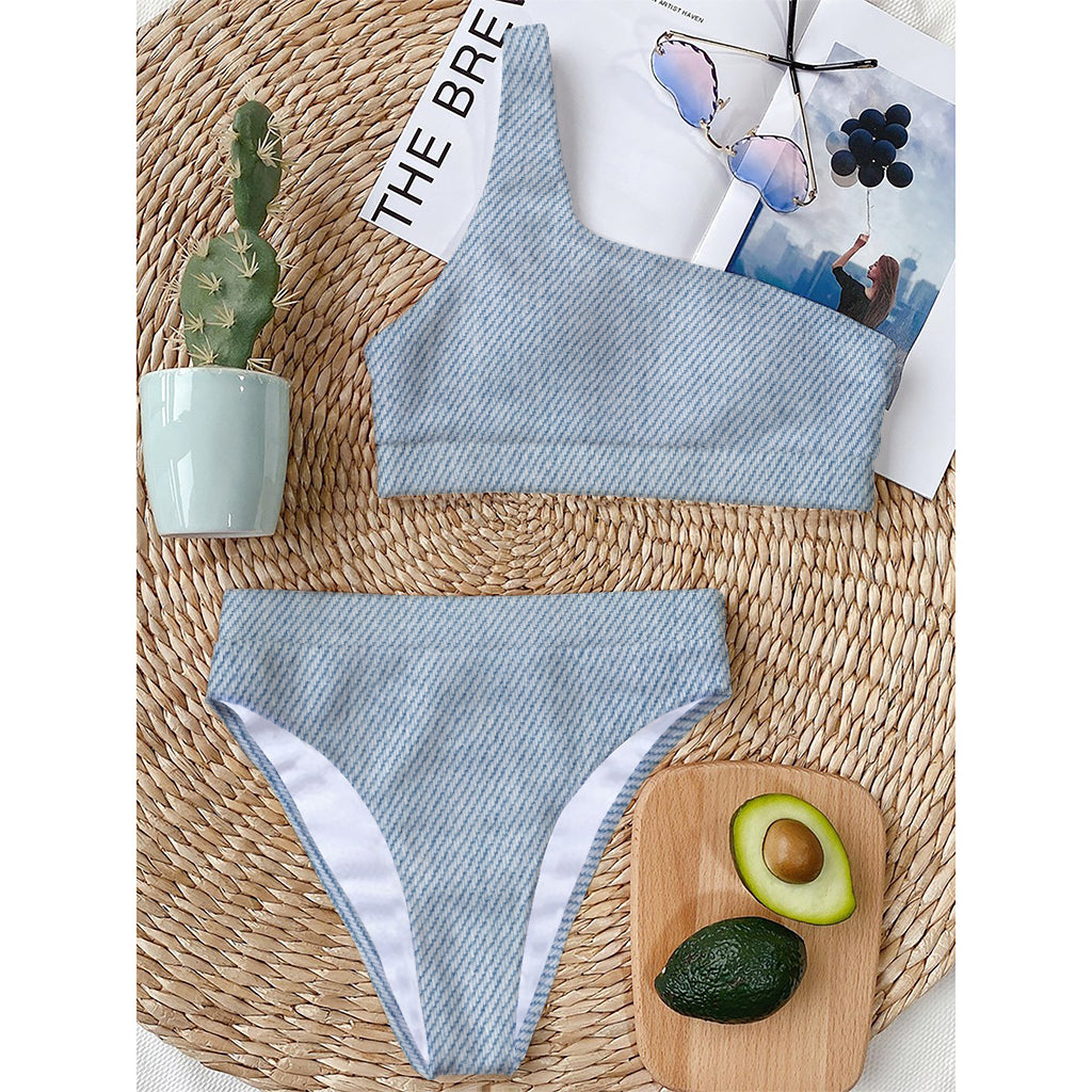 Light Blue Denim Jeans Print One Shoulder Bikini Top