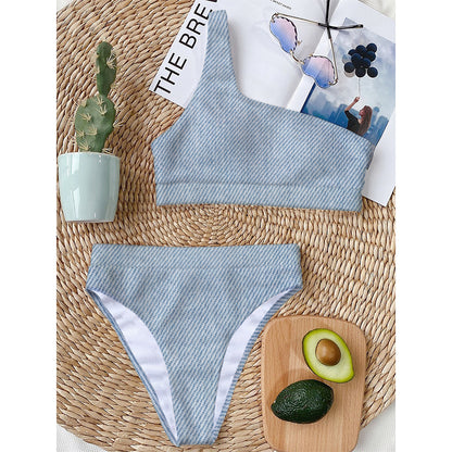 Light Blue Denim Jeans Print One Shoulder Bikini Top