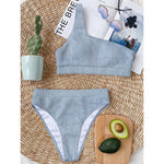 Light Blue Denim Jeans Print One Shoulder Bikini Top
