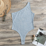 Light Blue Denim Jeans Print One Shoulder Bodysuit