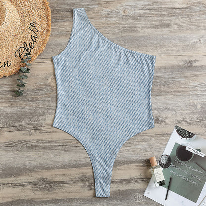 Light Blue Denim Jeans Print One Shoulder Bodysuit