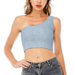 Light Blue Denim Jeans Print One Shoulder Crop Top