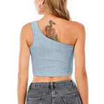 Light Blue Denim Jeans Print One Shoulder Crop Top