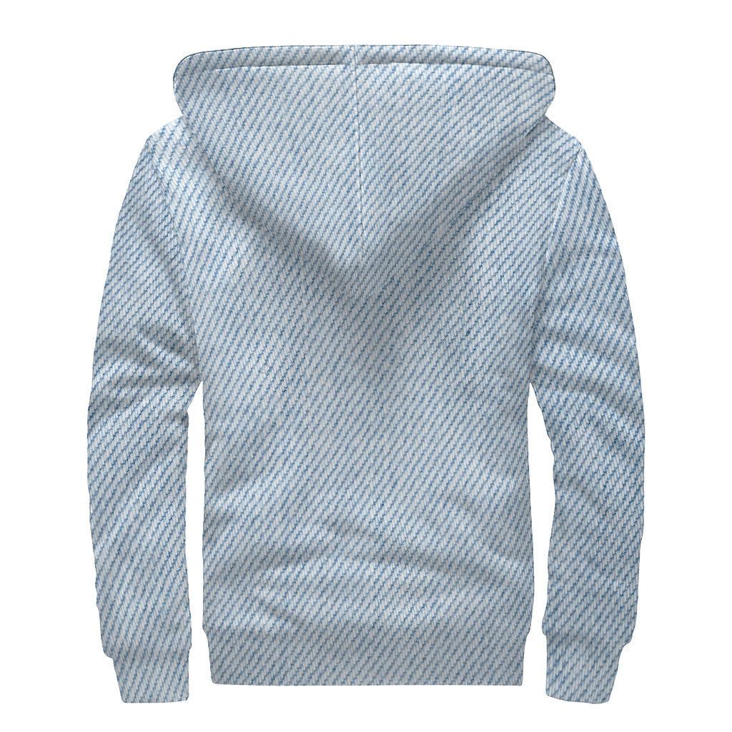 Light Blue Denim Jeans Print Sherpa Lined Zip Up Hoodie