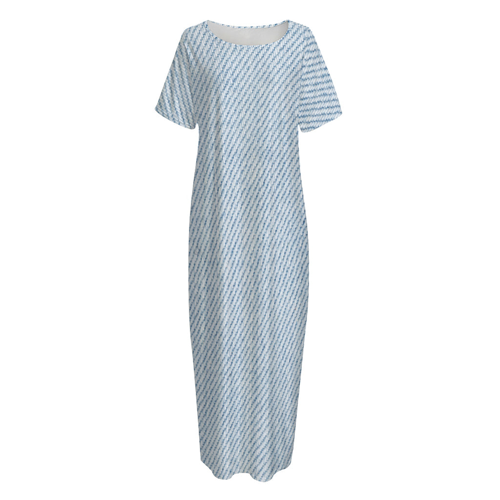 Light Blue Denim Jeans Print Short Sleeve Long Nightdress