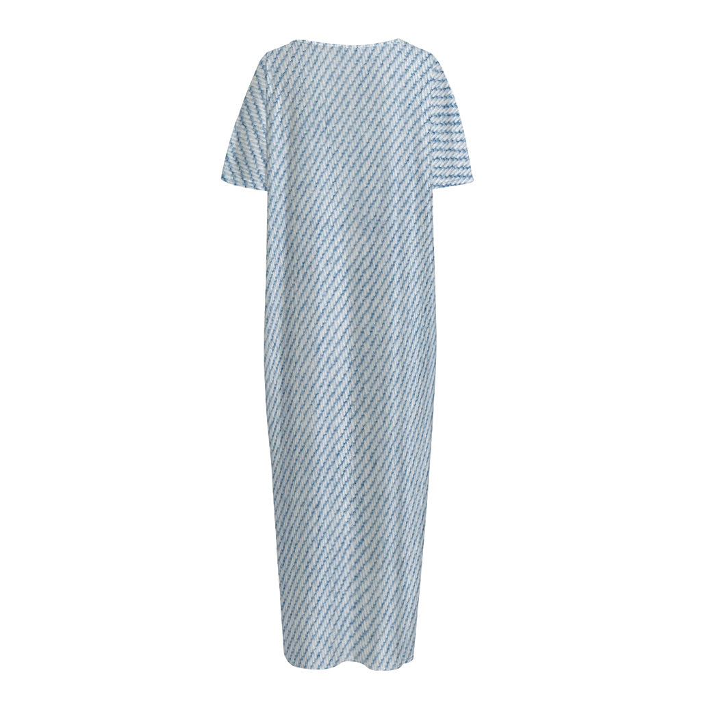 Light Blue Denim Jeans Print Short Sleeve Long Nightdress