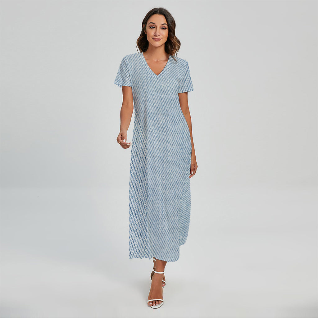 Light Blue Denim Jeans Print Short Sleeve Maxi Dress