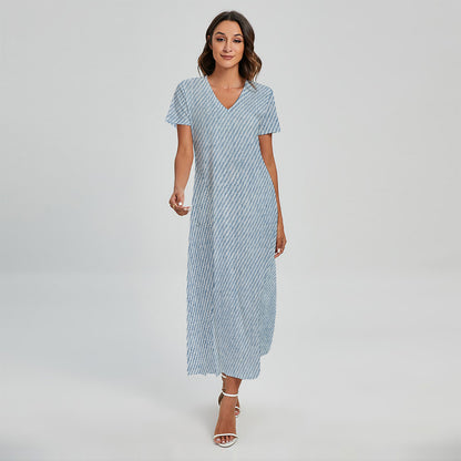Light Blue Denim Jeans Print Short Sleeve Maxi Dress