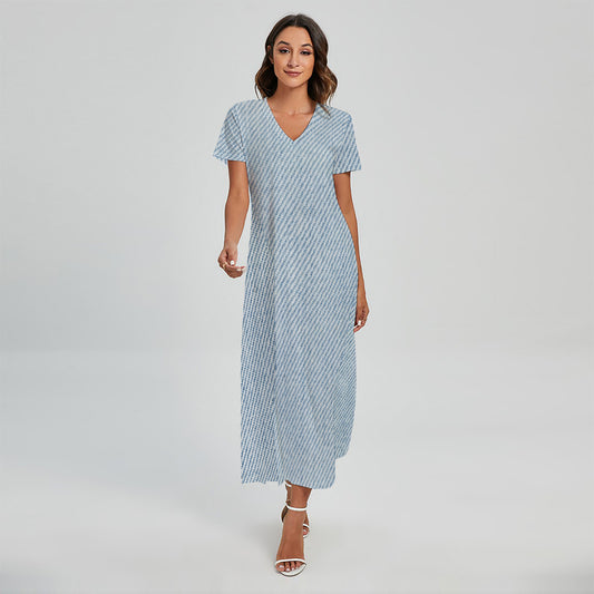 Light Blue Denim Jeans Print Short Sleeve Maxi Dress