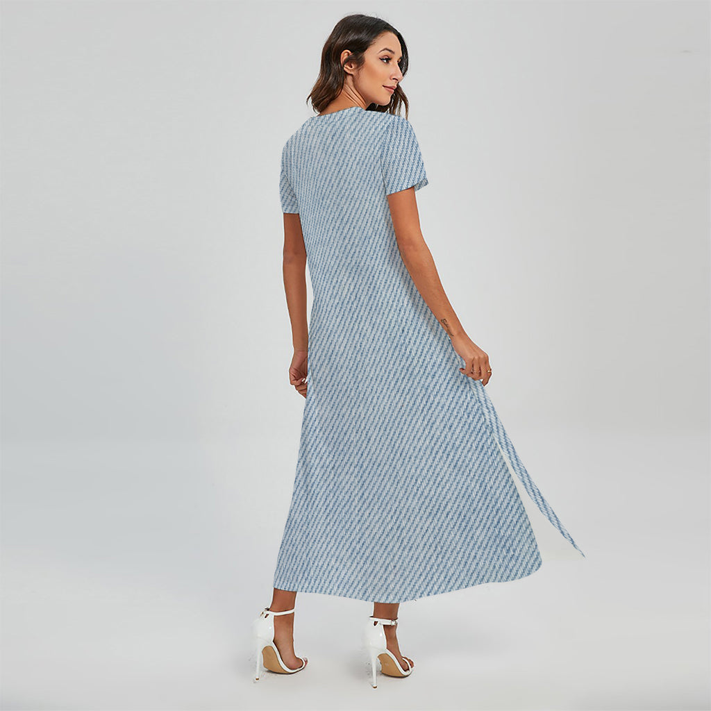 Light Blue Denim Jeans Print Short Sleeve Maxi Dress