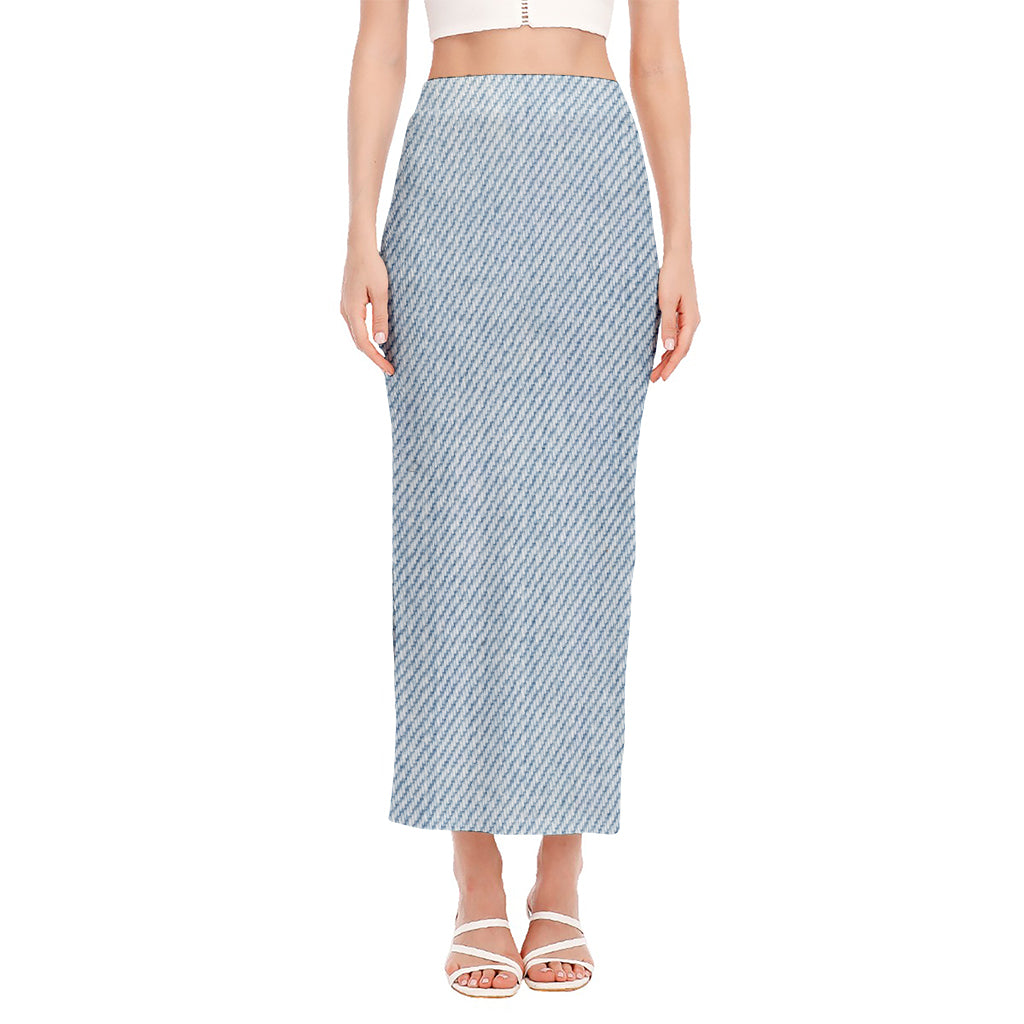 Light Blue Denim Jeans Print Side Slit Maxi Skirt