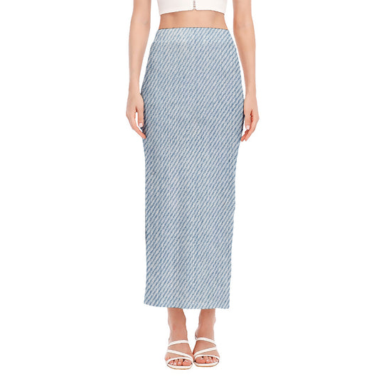 Light Blue Denim Jeans Print Side Slit Maxi Skirt