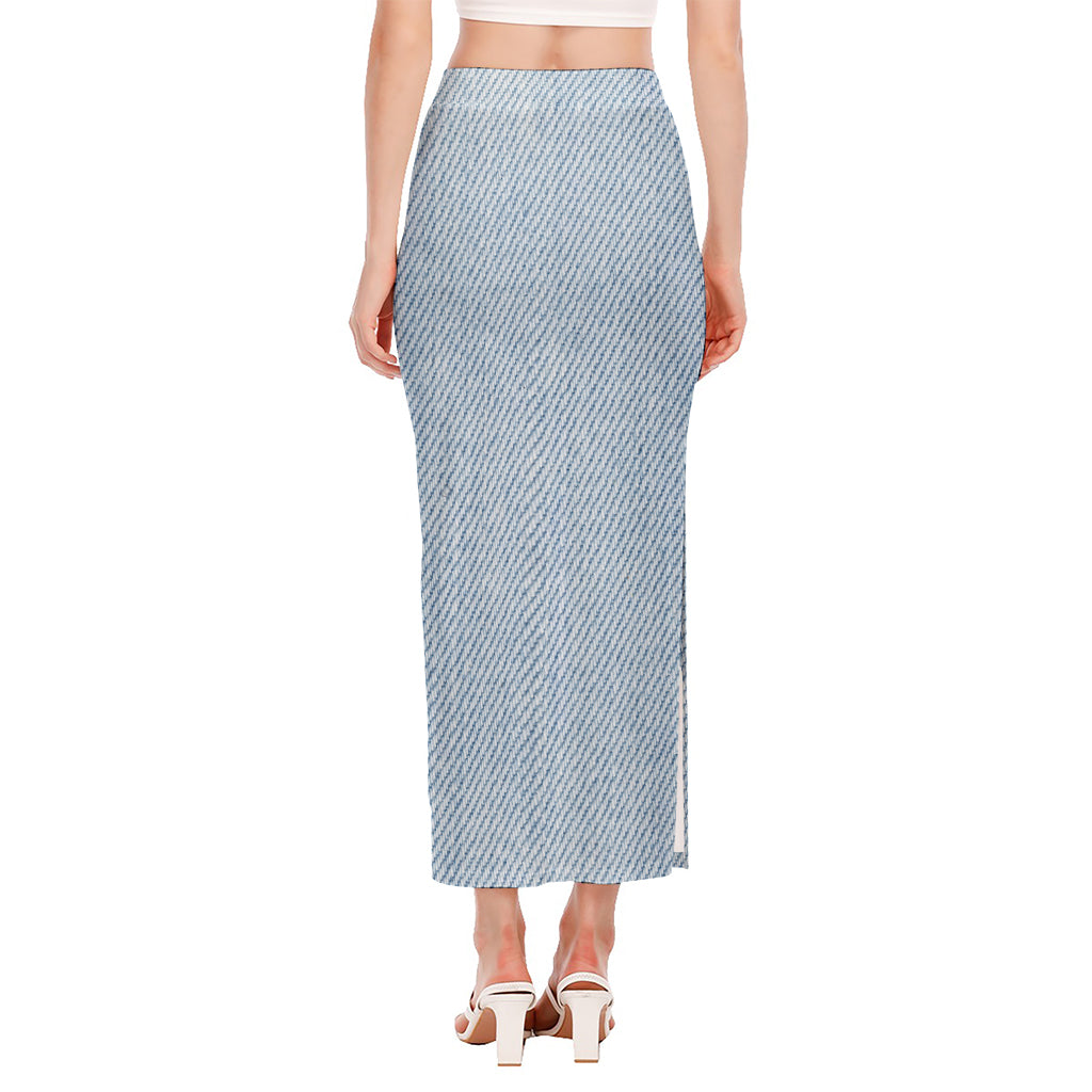 Light Blue Denim Jeans Print Side Slit Maxi Skirt