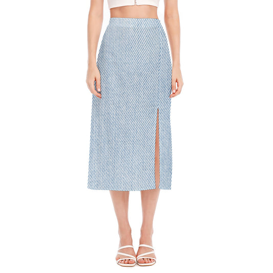 Light Blue Denim Jeans Print Side Slit Midi Skirt