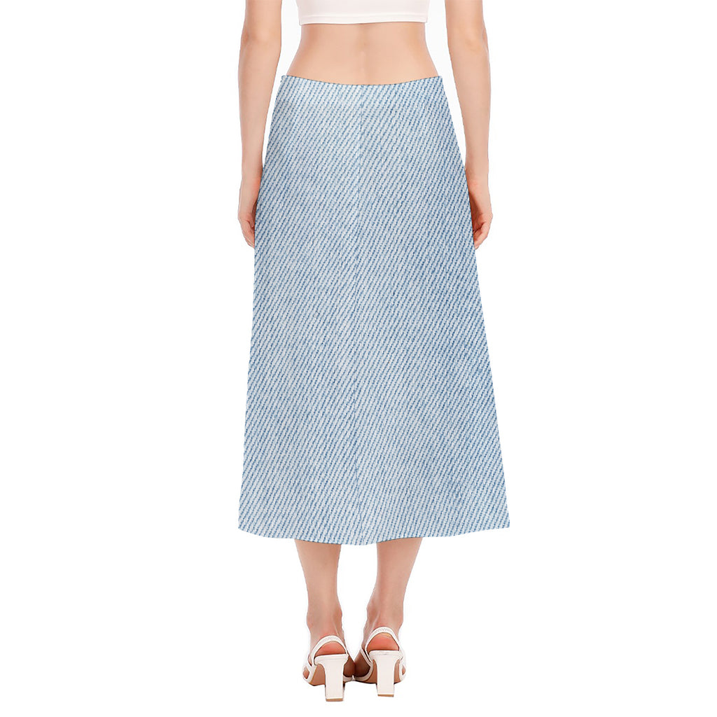 Light Blue Denim Jeans Print Side Slit Midi Skirt