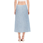 Light Blue Denim Jeans Print Side Slit Midi Skirt