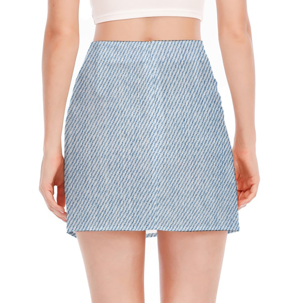 Light Blue Denim Jeans Print Side Slit Mini Skirt