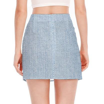 Light Blue Denim Jeans Print Side Slit Mini Skirt